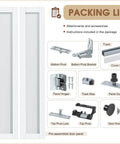 32 Inch Bifold Closet Doors With Full Lite Frosted Glass Panels, Hardware Kit, Preassembled Interior Closet And Pantry Door, Waterproof PVC Surface, Easy Assembly, White. Image shows white bifold doors, frosted glass panels, and hardware components.