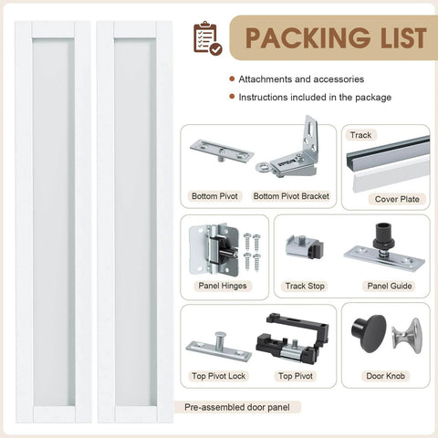 32 Inch Bifold Closet Doors With Full Lite Frosted Glass Panels, Hardware Kit, Preassembled Interior Closet And Pantry Door, Waterproof PVC Surface, Easy Assembly, White. Image shows white bifold doors, frosted glass panels, and hardware components.