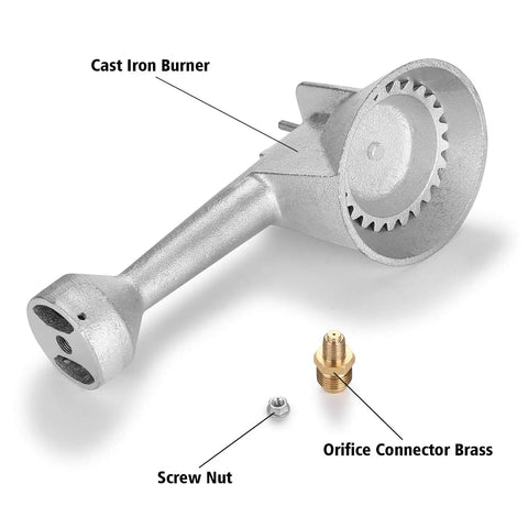 Beefy Cast Iron Propane Burner Head With 20 PSI Regulator And Hose, showing brass fittings and screw nut for outdoor cooking