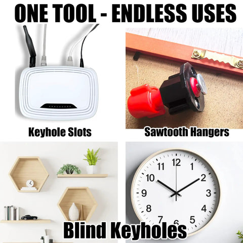 Picture Hanging Tool Kit With Precision Ink Markers For Keyhole And Sawtooth Hangers showing keyhole slots, sawtooth hangers, and decor.