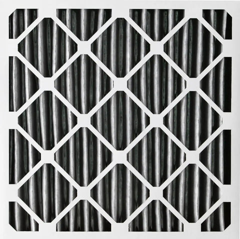 Close-up of Top Notch 20x20x2 Air Filter Three Pack With MERV 12 Pleated Plus Carbon Odor Control for HVAC, showing pleated design