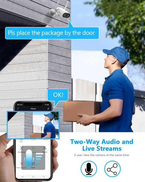 Wireless Outdoor Security Camera With Solar Panel, 2K Solar Powered, PIR Human Detection, capturing delivery person interaction