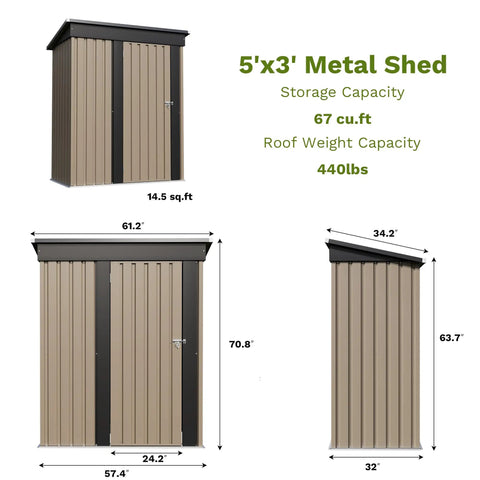Dimensions and capacity of 5x3 Ft Outdoor Storage Shed With Sloped Roof And Lockable Door Heavy Duty Metal Construction