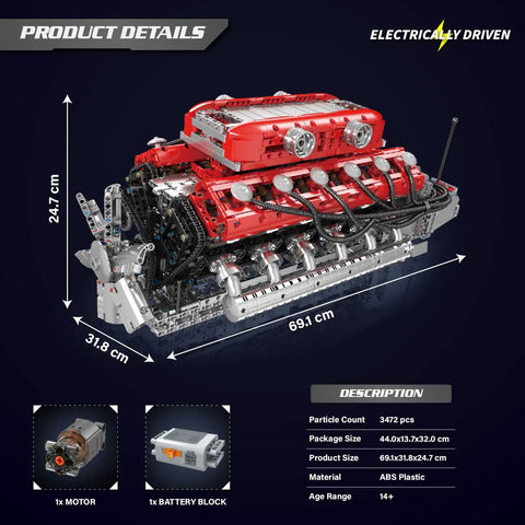 DIY V12 Engine Model Kit With 3472 Pieces For Teens And Adults Hands On Engine Project STEM Building Set For Mechanics Enthusiasts Educational Hobby Gift And Realistic Engine Showcase, ABS plastic, 69.1 x 31.8 x 24.7 cm, electrically driven