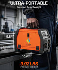 Synergy Flux Core Welder 110V 220V 145A with orange compact design, large display, and dimensions shown.