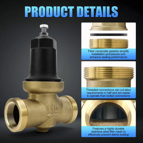 Front view of Amazon 114-NR3XL pressure-reducing valve, brass body, black regulator cap, 1-1/4 in NPT ports