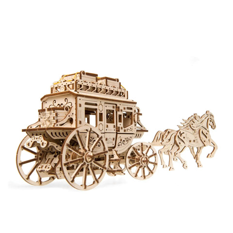 Wooden Stagecoach 3D Puzzle Construction Kit With Self Moving Gears Openable Cabin Doors And Detailed Mechanical Fun For Builders Of All Ages Perfect STEM Toy For Curious Kiddos And Grownups Who Love Hands On Gear Puzzles, wooden stagecoach with horse and wheels