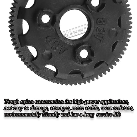 Close-up of Hot 83T Spur Gear Upgrade Kit For 1/10 Slash 2WD VXL with nylon construction and gear details.