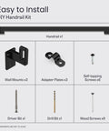 Heavy Duty Aluminum Stair Railing DIY Kit With Sweet Matte Black Coating includes handrail, wall mounts, screws, and drill bits.