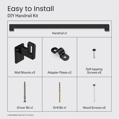 Heavy Duty Aluminum Stair Railing DIY Kit With Sweet Matte Black Coating includes handrail, wall mounts, screws, and drill bits.
