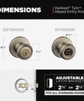 Diagram showing dimensions of Tylo Entry Door Knob with lock and key for exterior doors, antique brass finish.
