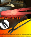 Pro Grade Knife Making Tongs Set And Blacksmith Hammer 5 Piece Forge Tools Kit with wolf jaw tongs gripping hot metal on anvil