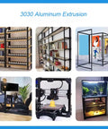 Various applications of T Slot Aluminum Extrusion 3030 Black Set Of 4 1000mm Rails for 3D printers, CNC, and maker projects.