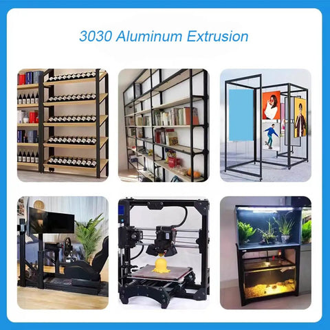 Various applications of T Slot Aluminum Extrusion 3030 Black Set Of 4 1000mm Rails for 3D printers, CNC, and maker projects.
