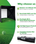 Home Golf Simulator Enclosure Complete Set With Heavy Duty Frame And HD Impact Screen And Pro Grade Putting Green Turf 8x8 Ft Tool Free Quick Setup In Under 5 Minutes Hitting Cage For Indoor Practice with setup bag and features listed.
