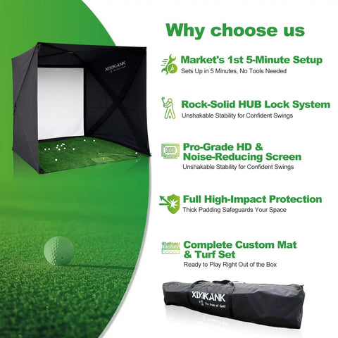 Home Golf Simulator Enclosure Complete Set With Heavy Duty Frame And HD Impact Screen And Pro Grade Putting Green Turf 8x8 Ft Tool Free Quick Setup In Under 5 Minutes Hitting Cage For Indoor Practice with setup bag and features listed.