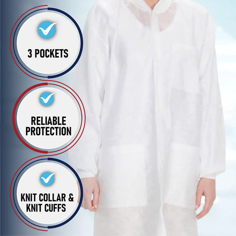 Unisex Disposable Lab Coats White Knee Length With 3 Pockets Size Large Pack Of 50 For Hospitals Clinics Labs Pharmacies And Home Use Workhorse Protective Gear image showing features