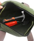 Wide Mouth Canvas Tool Bag With Heavy Duty Build And Large Capacity Organizer For Wrenches And Pliers, green tote with hammer and tools