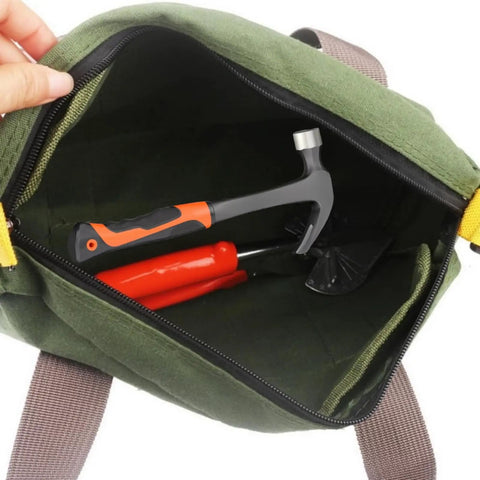 Wide Mouth Canvas Tool Bag With Heavy Duty Build And Large Capacity Organizer For Wrenches And Pliers, green tote with hammer and tools