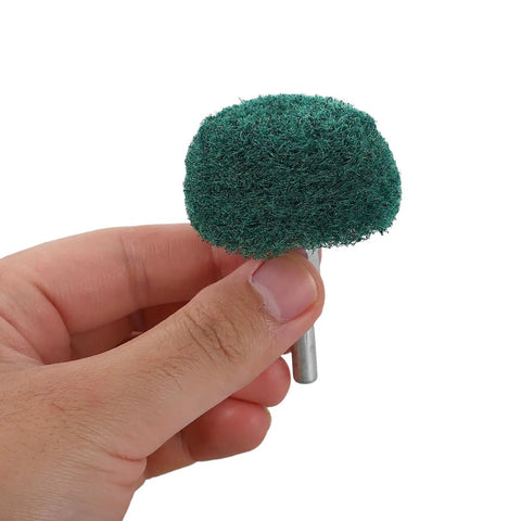 Hand holding Mushroom Shaped Nylon Polishing Wheels With Handle For Drill, Green 50x6mm Buffing Pads