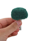 Versatile 2 Pc Mushroom Buffing Wheels With Handle For Drill, green nylon abrasive pad held in hand for rust removal.