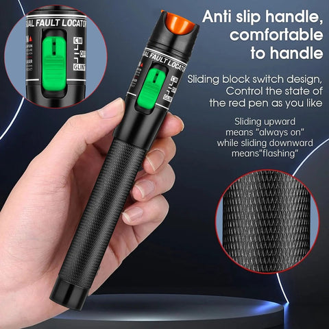 Moocci visual fault locator fiber optic tester held in hand; black knurled handle with green sliding switch.
