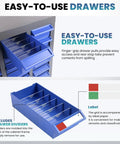 Tough As Nails Heavy Duty Parts Organizer Cabinet With 75 Drawers And Clear Label System showcasing blue drawers with dividers.