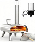12 Inch Dual Fuel Outdoor Pizza Oven Portable Pellet And Gas Fueled Wood Fired Pizza Maker With Stone No Tools Needed Easy Switch Between Pellets And Gas Built In Gas Burner For Backyard Pizza Nights, shown with pizza inside and gas burner detail.