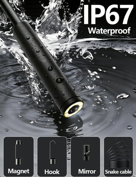 Endoscope Camera 5.5mm with 1920P HD Borescope, 8 Adjustable LED Lights, Semi-Rigid Snake Cable, IP67 Waterproof, 16.4ft Cable, Single Lens, Works with iOS and Android, Plug And Play Via UseePlus App showing IP67 waterproof probe and accessories