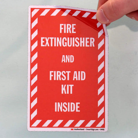 Fire Extinguisher And First Aid Kit Inside Label Set Of 3 With 3M Engineer Grade Reflective Decals Made In USA Laminated Built Tough For Outdoor Use Ready