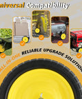 13 Inch No Flat Ever 4.00 By 6 Tire And Wheel Replacement shown on various carts and wheelbarrows with universal compatibility