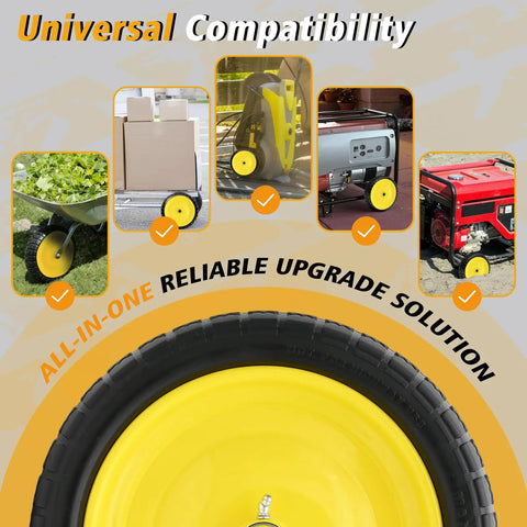 13 Inch No Flat Ever 4.00 By 6 Tire And Wheel Replacement shown on various carts and wheelbarrows with universal compatibility