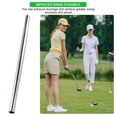 Two Pack Golf Club Shaft Extensions 0.6 Inch Steel For Iron And Wood Clubs Upgrade Kit next to female golfer