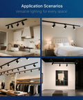 Application scenarios showcasing 12W LED J Type Track Lighting Heads, 75W Equivalent, 3000K Soft White, 800 Lumens, CRI90, in various spaces.