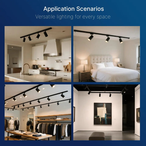 Application scenarios showcasing 12W LED J Type Track Lighting Heads, 75W Equivalent, 3000K Soft White, 800 Lumens, CRI90, in various spaces.