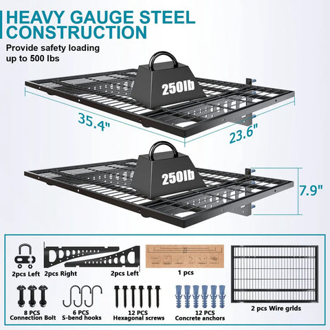 Beefy Heavy Duty Garage Wall Shelves Two Pack 2 By 3 Feet 500 Pound Load Capacity Wall Mounted Storage Racks with hooks diagram