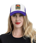 Model wearing 'I Hate Pulling Out Funny Camper RV Camping Trailer Mesh Trucker Hat For Guys And Gals Lightweight Baseball Cap'