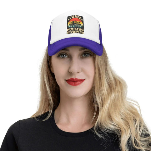 Model wearing 'I Hate Pulling Out Funny Camper RV Camping Trailer Mesh Trucker Hat For Guys And Gals Lightweight Baseball Cap'