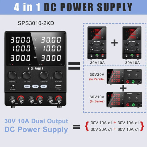 4 In 1 Dual DC Bench Power Supply With 30V 10A Or 60V 10A In Series Or 30V 20A In Parallel Plus 5V 2A USB Port diagram