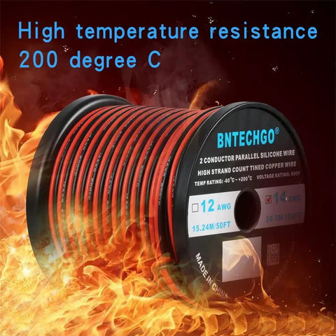 14 Gauge Flexible 2 Conductor Silicone Wire Spool Red Black Parallel For LED Strip Extension Cable 600V 200 C Temp 100ft Tinned Copper