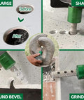 Diamond Finger Milling Bit For Hole Enlargement And Shaping, Diamond Coated Core Bit With Five Eighths By Eleven Thread, Diameter Three Quarters Inch, Go To Tool For Porcelain Hard Ceramic Granite Marble Holes And Round Bevels in use enlarging, shaping, grinding, and creating round bevels on various materials.
