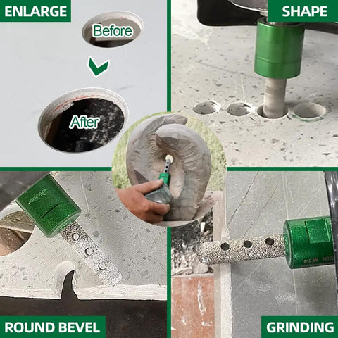 Diamond Finger Milling Bit For Hole Enlargement And Shaping, Diamond Coated Core Bit With Five Eighths By Eleven Thread, Diameter Three Quarters Inch, Go To Tool For Porcelain Hard Ceramic Granite Marble Holes And Round Bevels in use enlarging, shaping, grinding, and creating round bevels on various materials.