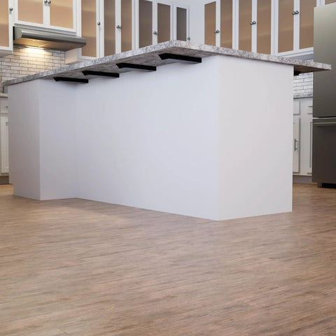 Heavy Duty 42 Inch Double Sided Kitchen Island Countertop Bracket Built From Ribbed Aluminum For Real Tough Strength And Easy DIY Projects Industrial Style Mounting Bracket For Concrete Wood And Stone Surfaces installed under a countertop.