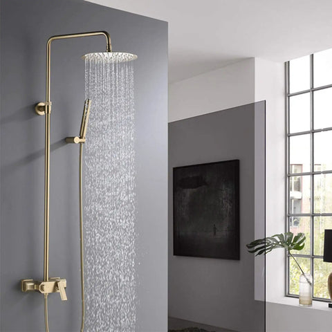UBNMIUBV Rainfall Shower System Gold, Luxury Brass Shower Faucet Set with Hand Sprayer and Tub Spout, Wall Mounted from above.