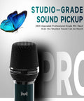 Durable Metal Wireless Microphone For Karaoke And Singing beside a blue butterfly, highlighting studio-grade sound pickup features.