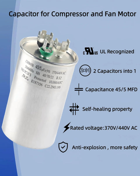 Dual Run Capacitor 45/5uF 5% MFD For Air Conditioner Outdoor Unit Compressor and Fan 370V 440V UL CBB65B Replacement