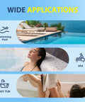 Infographic showing applications of 7 In 1 Spa And Pool Test Strips, 150 Count Water Testing Kit for swimming pool, spa, and hot tub.