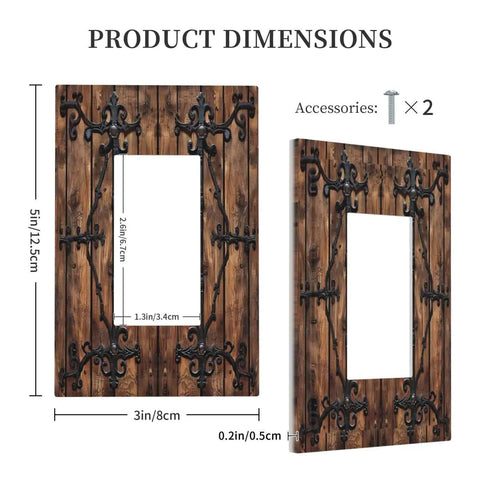 Decorative Outlet Covers 1 Gang Rocker Wall Plate With Vintage Brown Wood Barn Door Look And Antique Bronze Hardware For Farmhouse Decor Boss Vibe Choose From Marble Texture Eucalyptus Ocean Starfish And More, showing dimensions and side view.