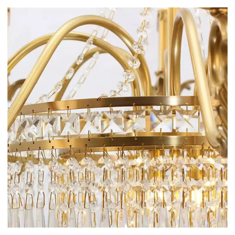 Close-up view of Retro Brass Pendant Light, Villa Living Room Luxury Decorative Chandelier, showcasing gold finish and crystal details.