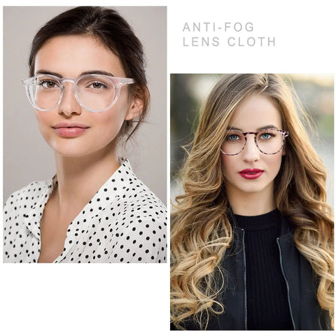 Two women wearing Anti Fog Safety Glasses With Side And Top Shields And Round Frame, showing clear lenses and stylish design.